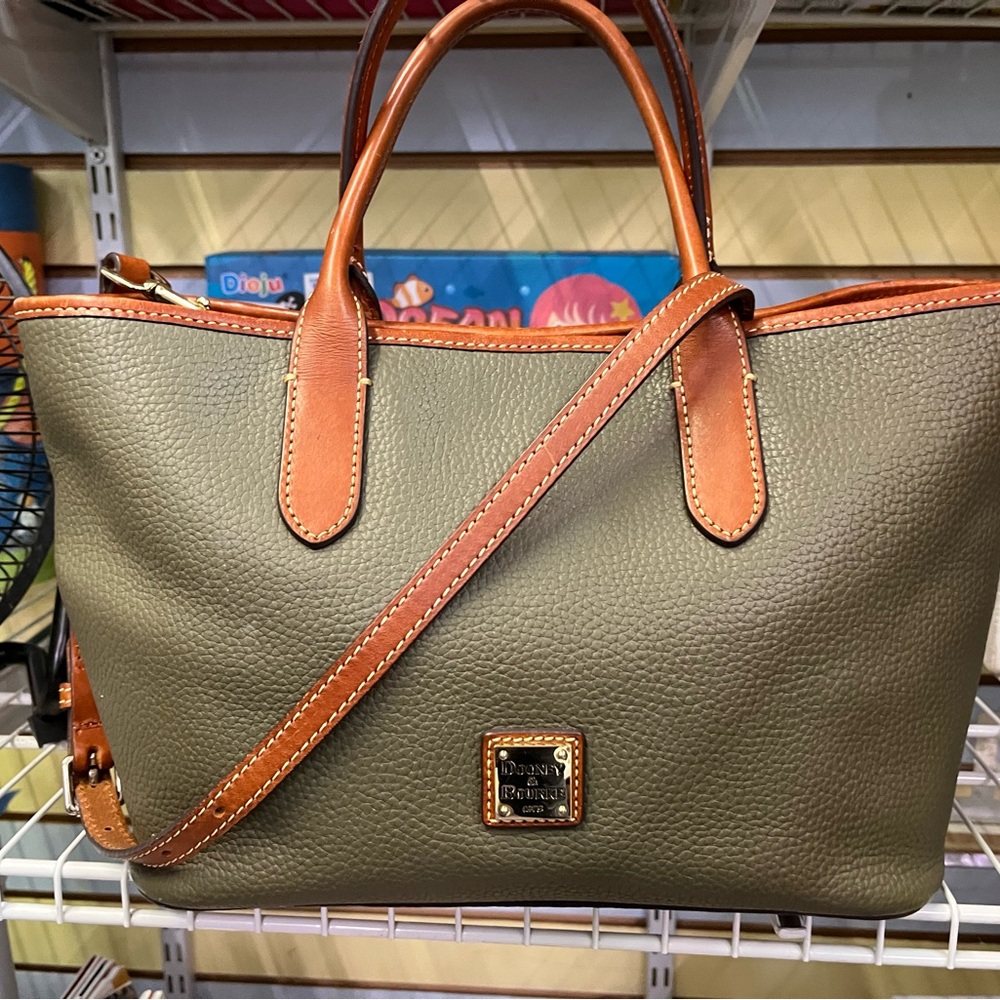 Dooney & Bourke Olive Pebbled Leather Tote with Brown Trim and Strap